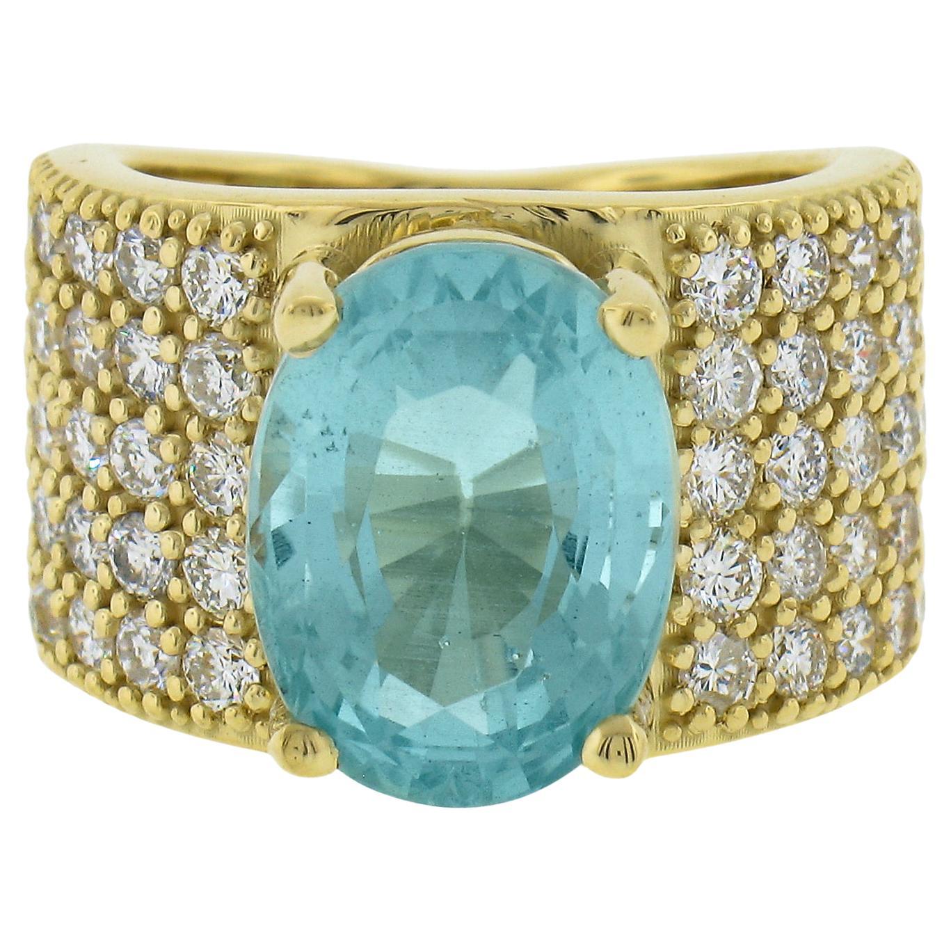 18k Yellow Gold 7.60ctw Large Oval Aquamarine & Pave Diamond Wide Cocktail Ring For Sale