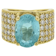 18k Yellow Gold 7.60ctw Large Oval Aquamarine & Pave Diamond Wide Cocktail Ring