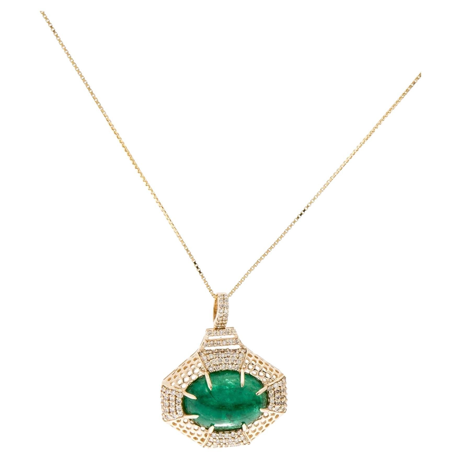 18K Yellow Gold 7.71ct Emerald and Diamond Pendant Necklace
