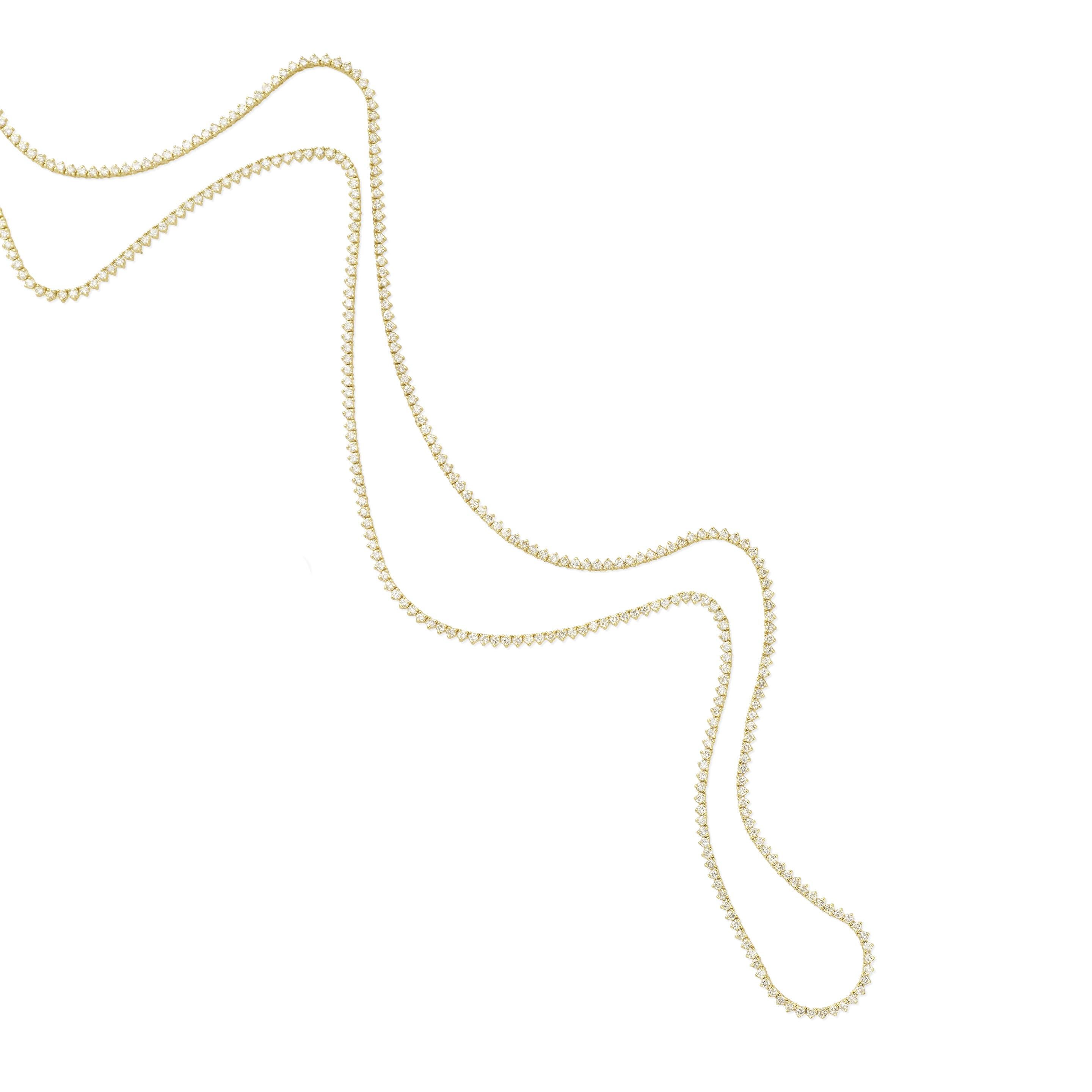 Modern 18k Yellow Gold & 7.75 Carat Diamond Tennis Necklace, Size 32 Inches For Sale