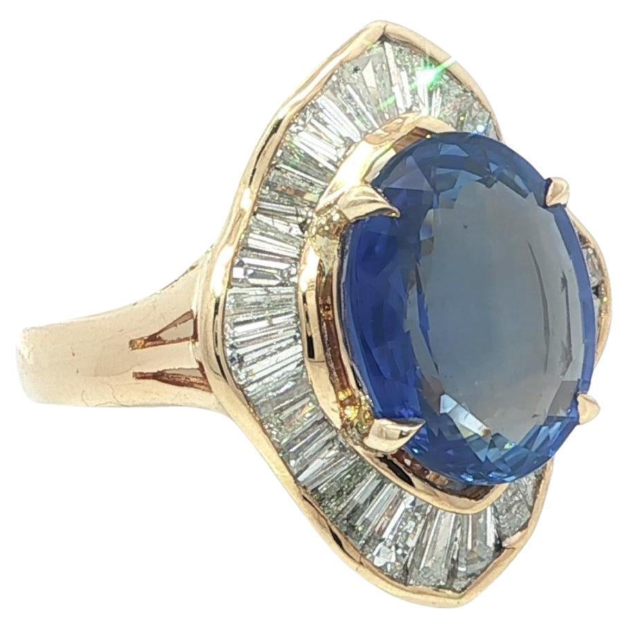 18k Yellow Gold 7.83ct GIA Large Oval Sapphire 
Baguette Diamond Ballerina Ring For Sale