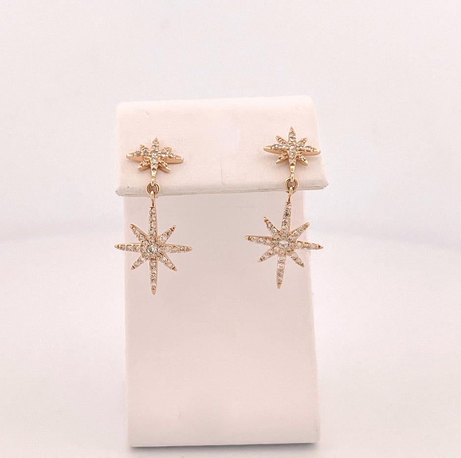 Round Cut 18k Yellow Gold 8 Point Star Drop Earrings