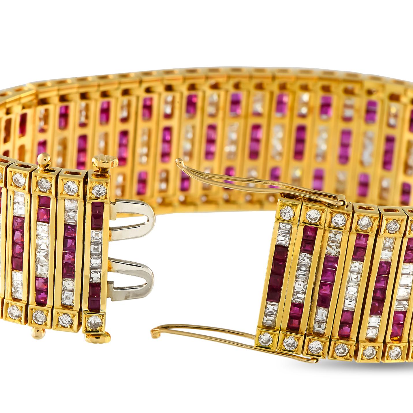 Taille ronde Bracelet en or jaune 18 carats 8.66ct diamant et rubis en vente