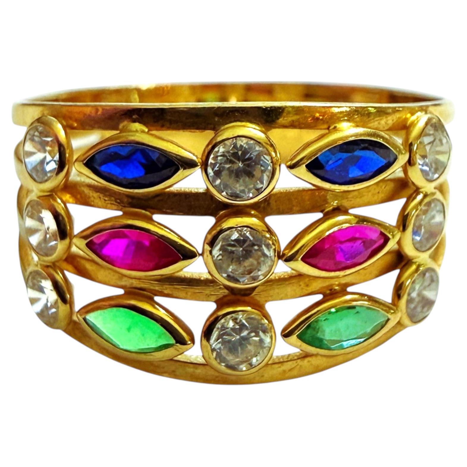 Ring aus 18-karätigem Gelbgold mit einem 0,88-Karat-Diamanten, Smaragden, Rubinen und Saphiren, Ringgröße 7,25