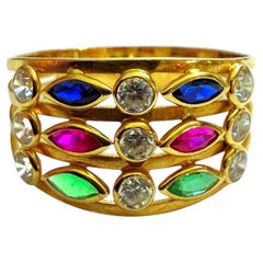 18k Yellow Gold .88 Carat Diamond, Emerald, Ruby, & Sapphire Ring Size 7.25