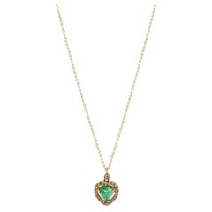 18K Yellow Gold .89 Carat Emerald and Diamond Heart Pendant Necklace