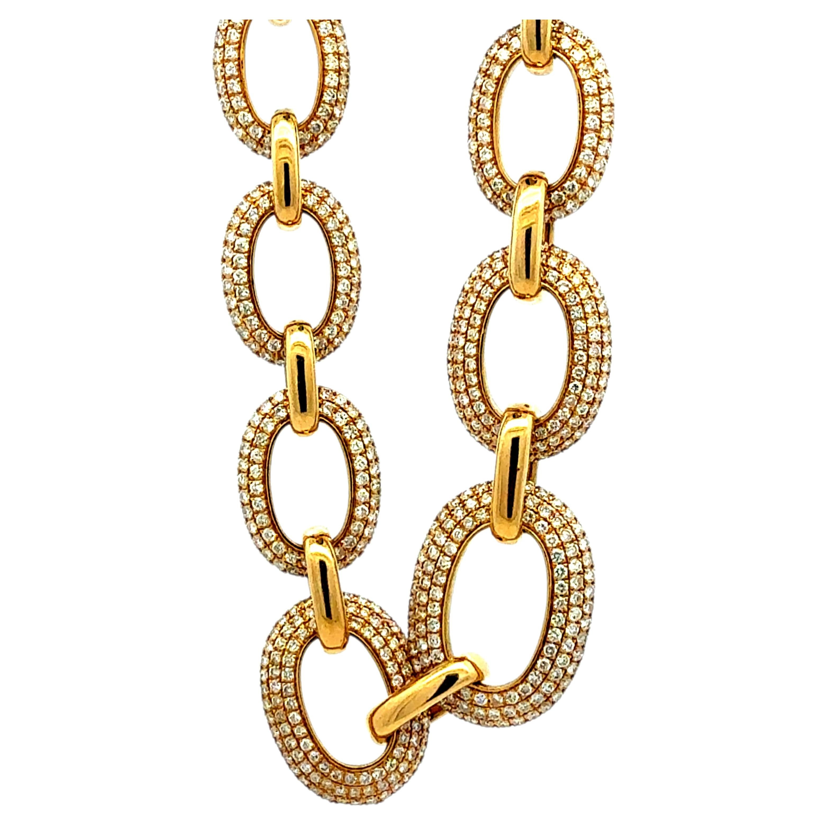 18k Yellow Gold 89.6ctw Pavé Natural Diamond Oval Link Necklace