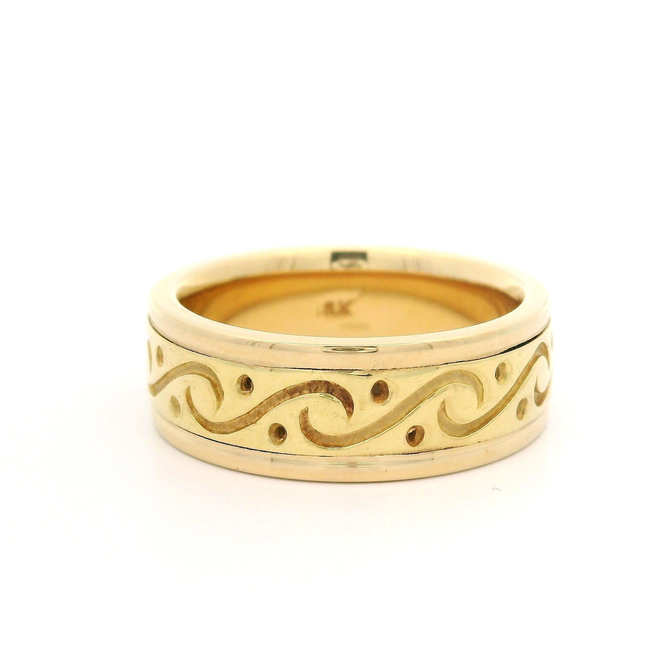 Material: Solid 18k Yellow Gold
Weight: 16.37 Grams
Ring Size: 10.5 (Fitted on a finger. We can NOT custom size this ring.)
Ring Width: 8mm (0.31