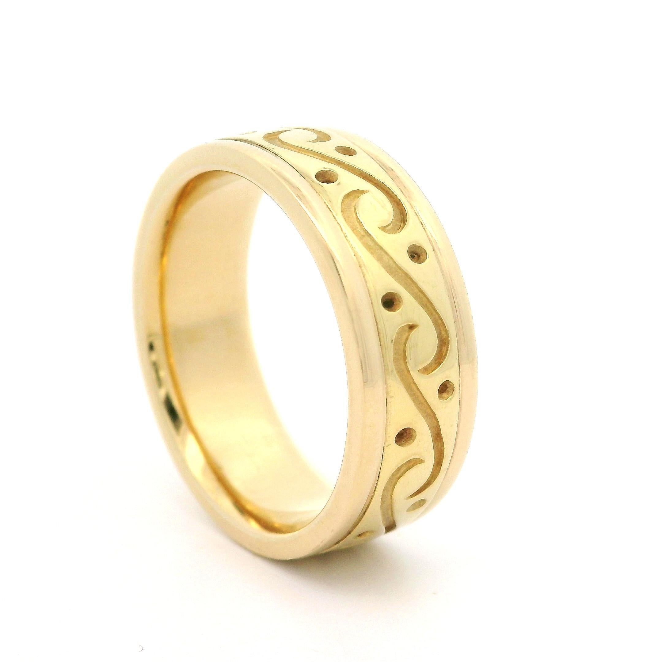 Women's 18k Yellow Gold 8mm Wide Heavy Polished & Matte Finish Band Ring sz 10.5 For Sale