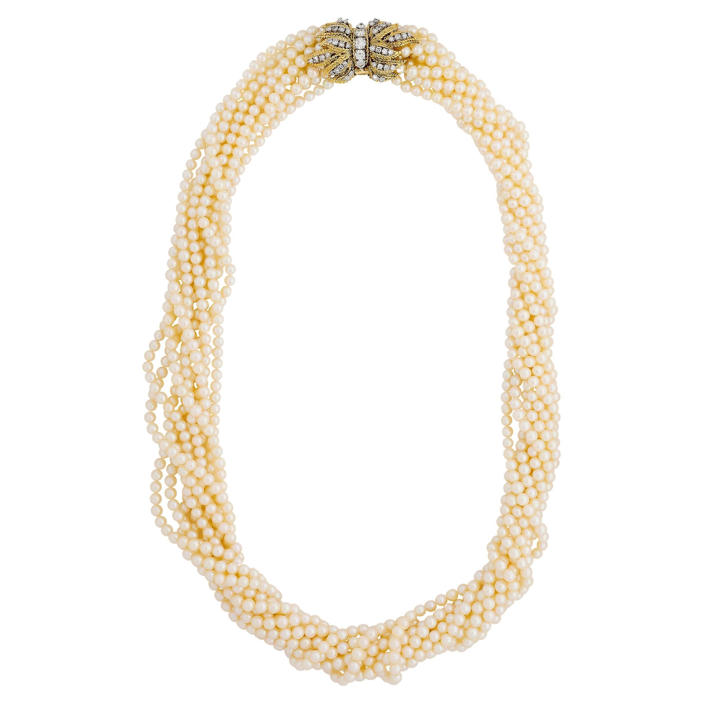 Collar de perlas de 9 vueltas en oro amarillo de 18 quilates con cierre de diamantes en venta