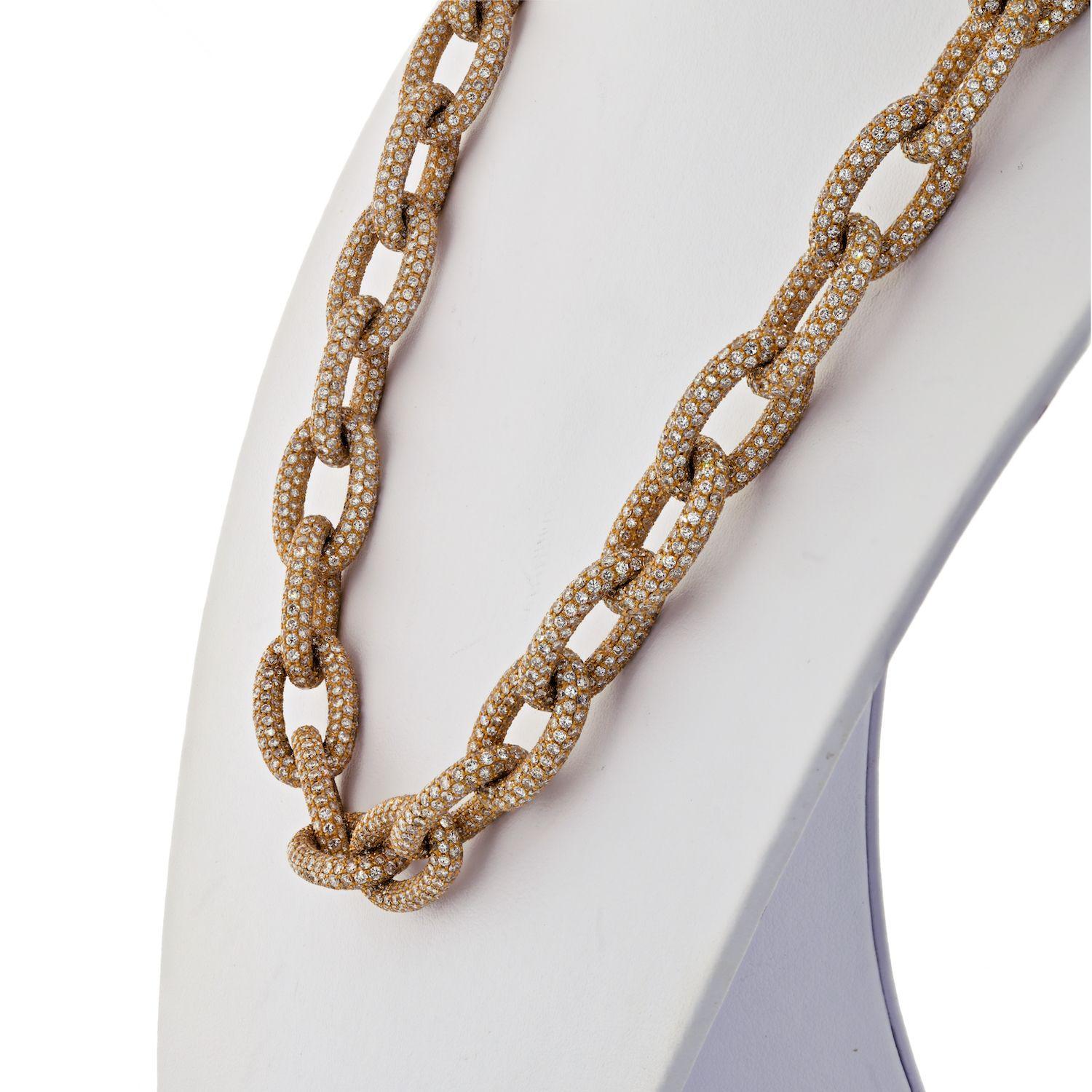 A study in tradition without being traditional, this diamond link chain necklace blends high fashion and streetwear verve. All links are detailed with round-cut diamonds. 
22 inches. 
Carat Weight 90.00cttw
Quality: G-H color, VS-SI clarity on