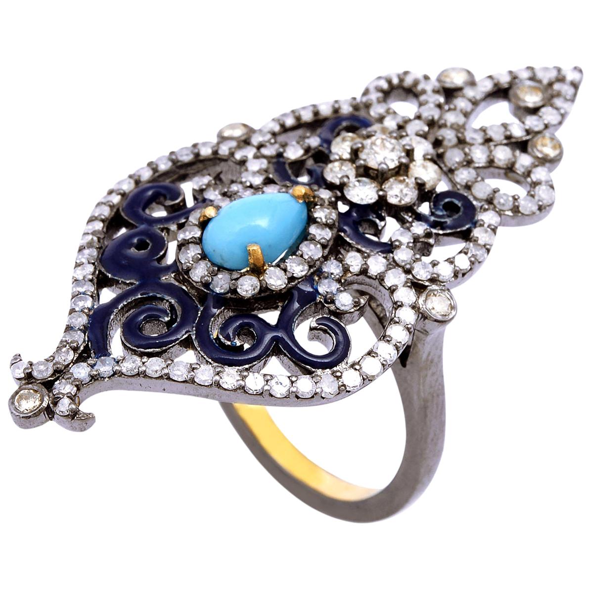 18k Yellow Gold .925 Sterling Silver 1.7 CT Diamond 1 CT Turquoise Cocktail Ring
