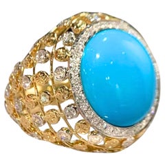 18K Yellow Gold 9.45 CT Raw American Turquoise Cocktail Ring with Diamonds