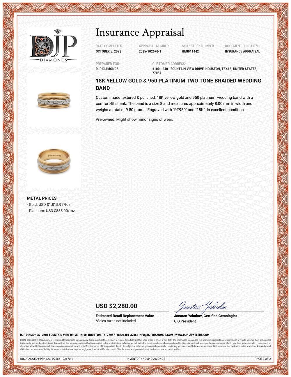 18K Yellow Gold & 950 Platinum Two Tone Braided Wedding Band For Sale 1