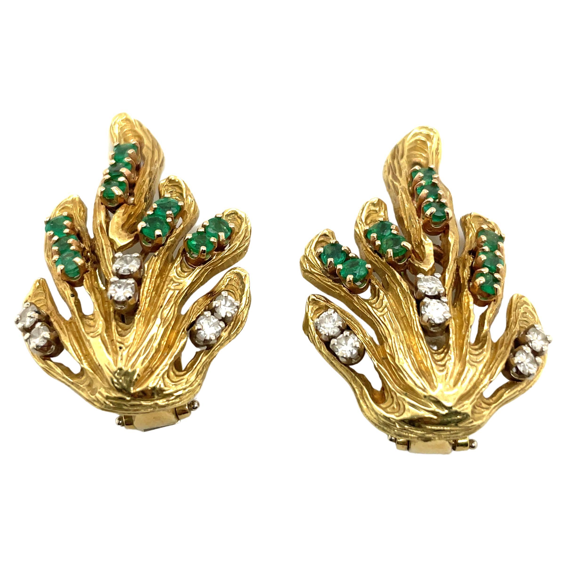 1970's French Emerald Marquise Diamond Yellow White Gold ClipOn Earrings For Sale at 1stDibs