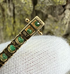 18k Yellow Gold 9.69ctw 3.5mm Round Emerald Line Tennis Bracelet w/ Push Clasp