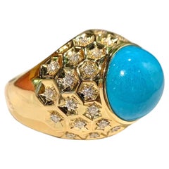 18 Karat Gelbgold 9,75 Karat Rohamerikanischer Türkis Cocktail-Ring mit Diamanten