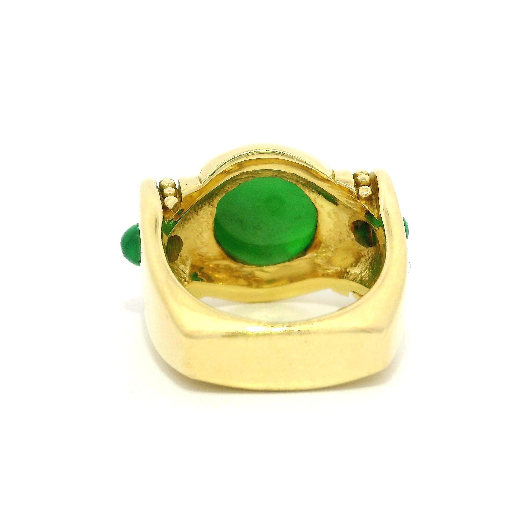 18k Gelbgold 9,7mm Runde Cabochon Cut Lünette Set Jade & Smaragd Band Ring im Angebot 6