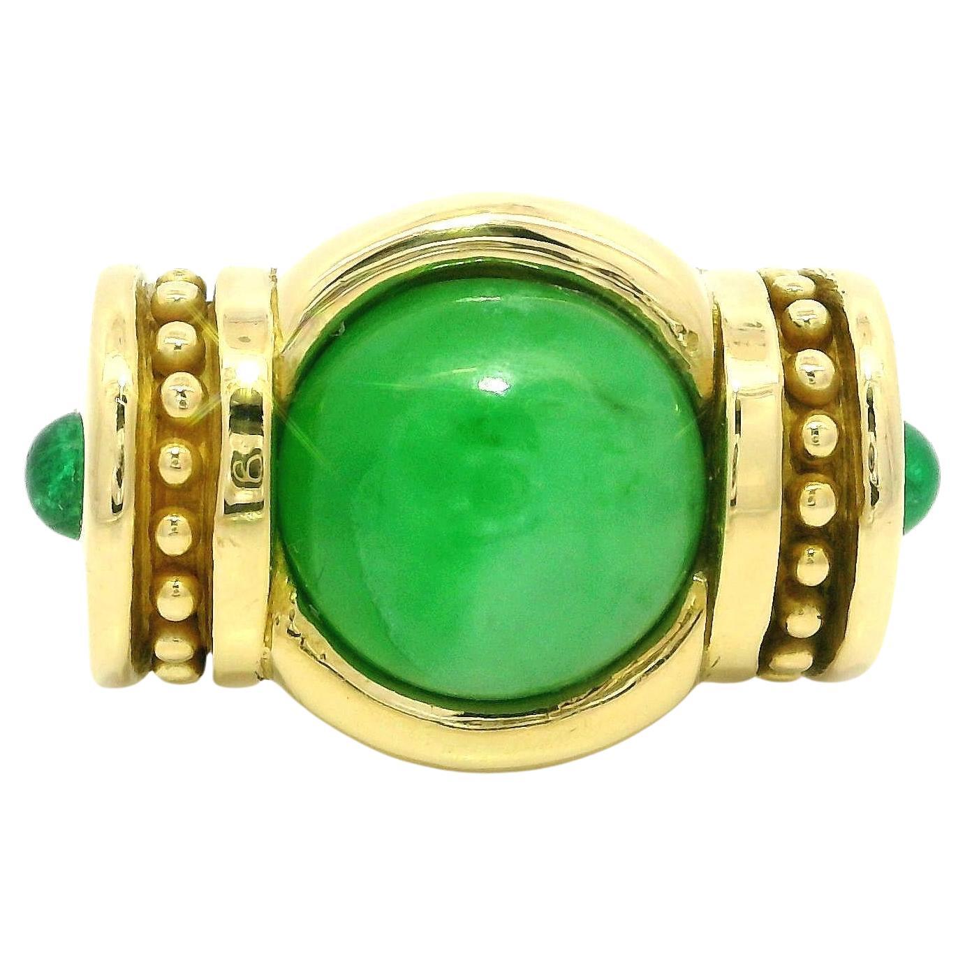 18k Gelbgold 9,7mm Runde Cabochon Cut Lünette Set Jade & Smaragd Band Ring im Angebot