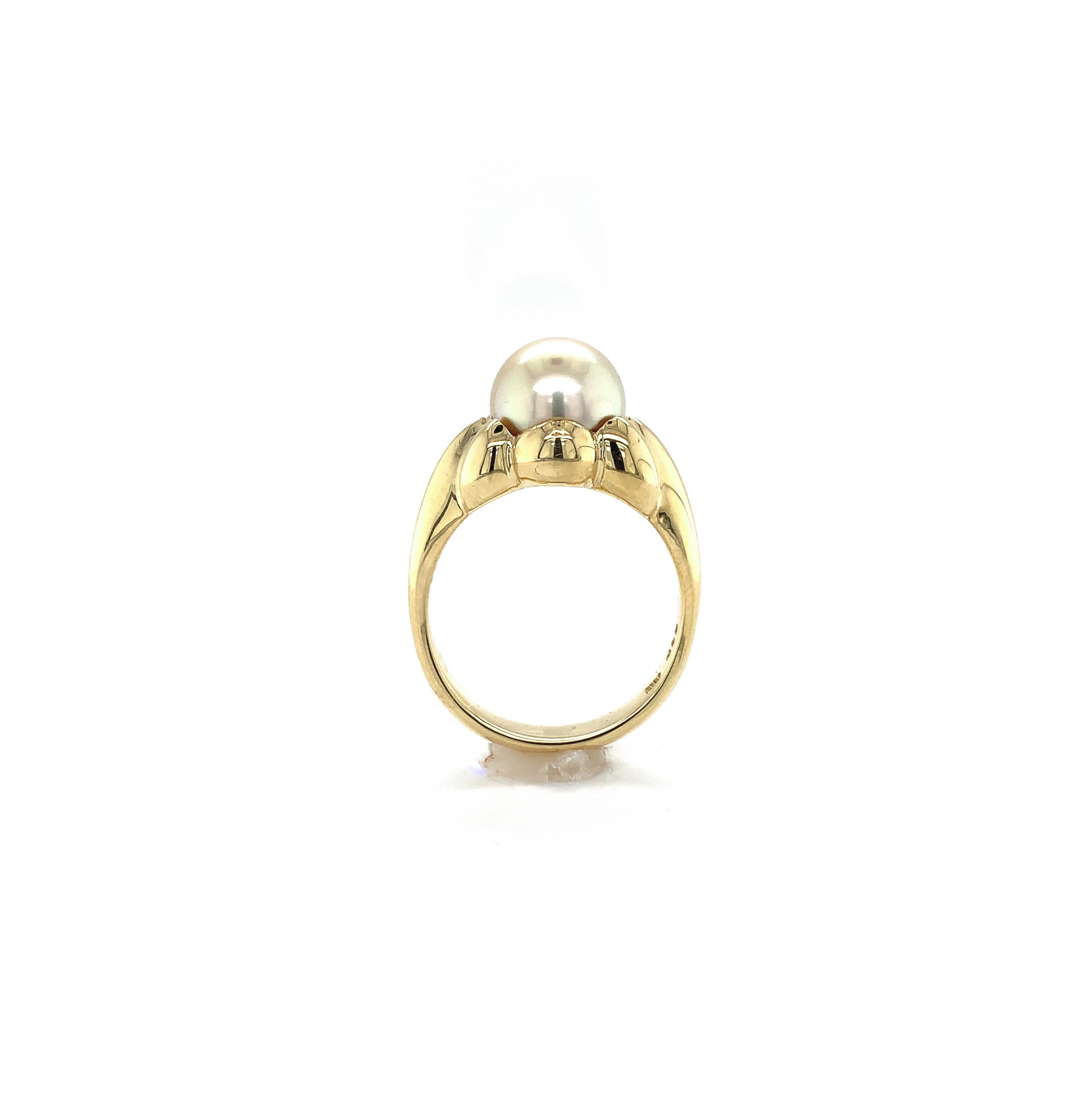 18K yellow gold ring featuring a large 9.8mm creamy light golden cultured South Seas pearl. Heavy mounting that is solid underneath. The ring fits a size 8.25 finger, it weighs a heavy 7.40dwt and is contemporary.