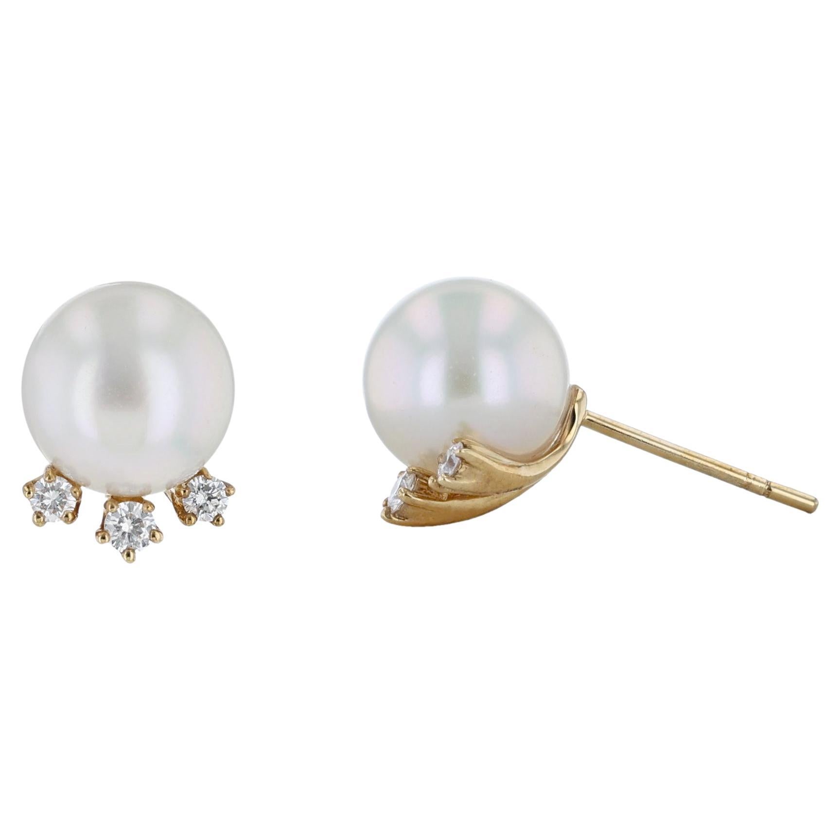 18K Yellow Gold 9mm Triple Cultured Pearl Diamond Halo Stud Earrings