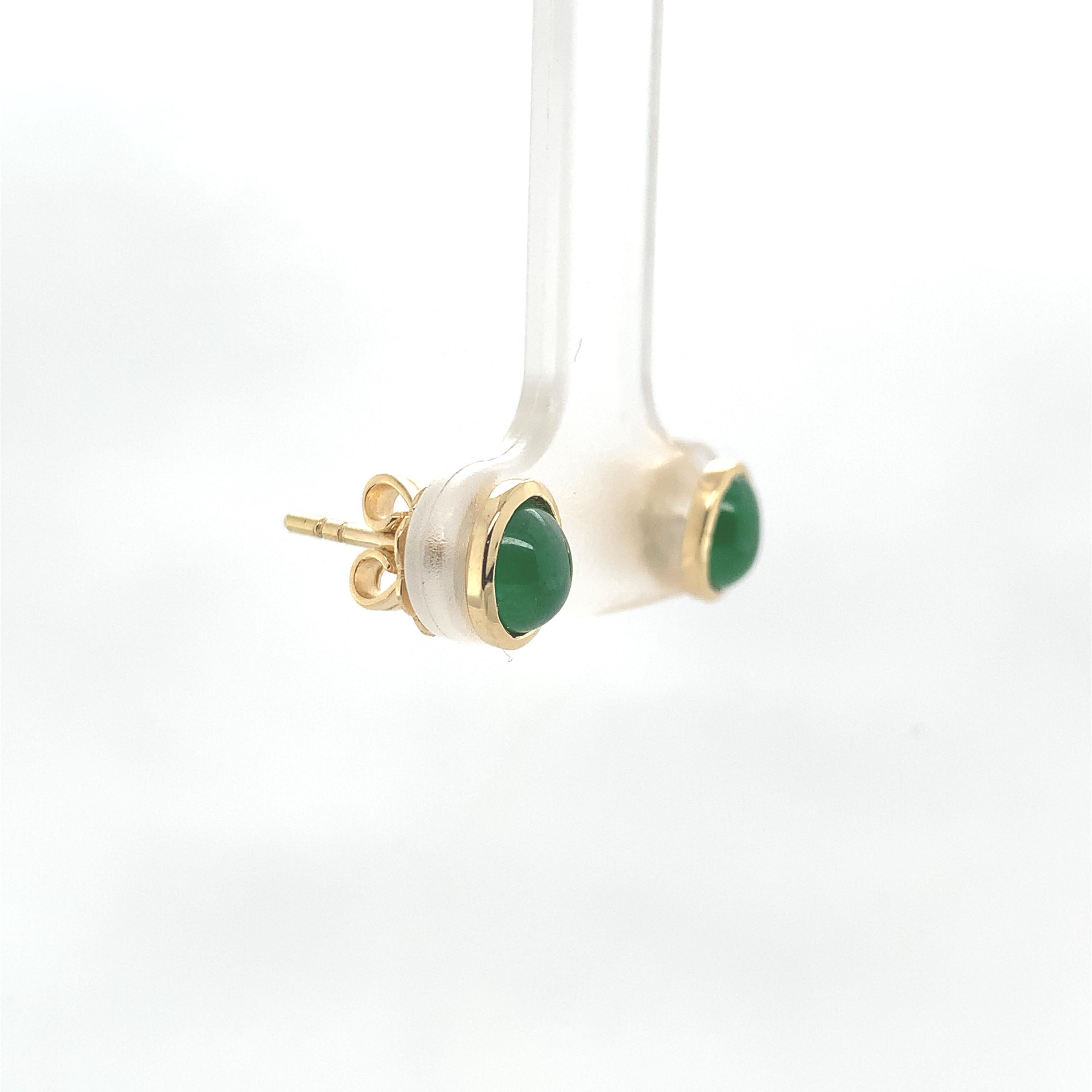 Cabochon 18K Yellow Gold A Grade Jadeite Jade Stud Earrings Bezel Set For Sale