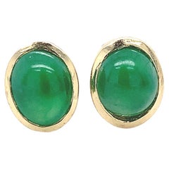 18K Yellow Gold A Grade Jadeite Jade Stud Earrings Bezel Set