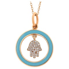 Aaron Basha, collier à breloques Hamsa vintage en or jaune 18 carats avec diamants et émail
