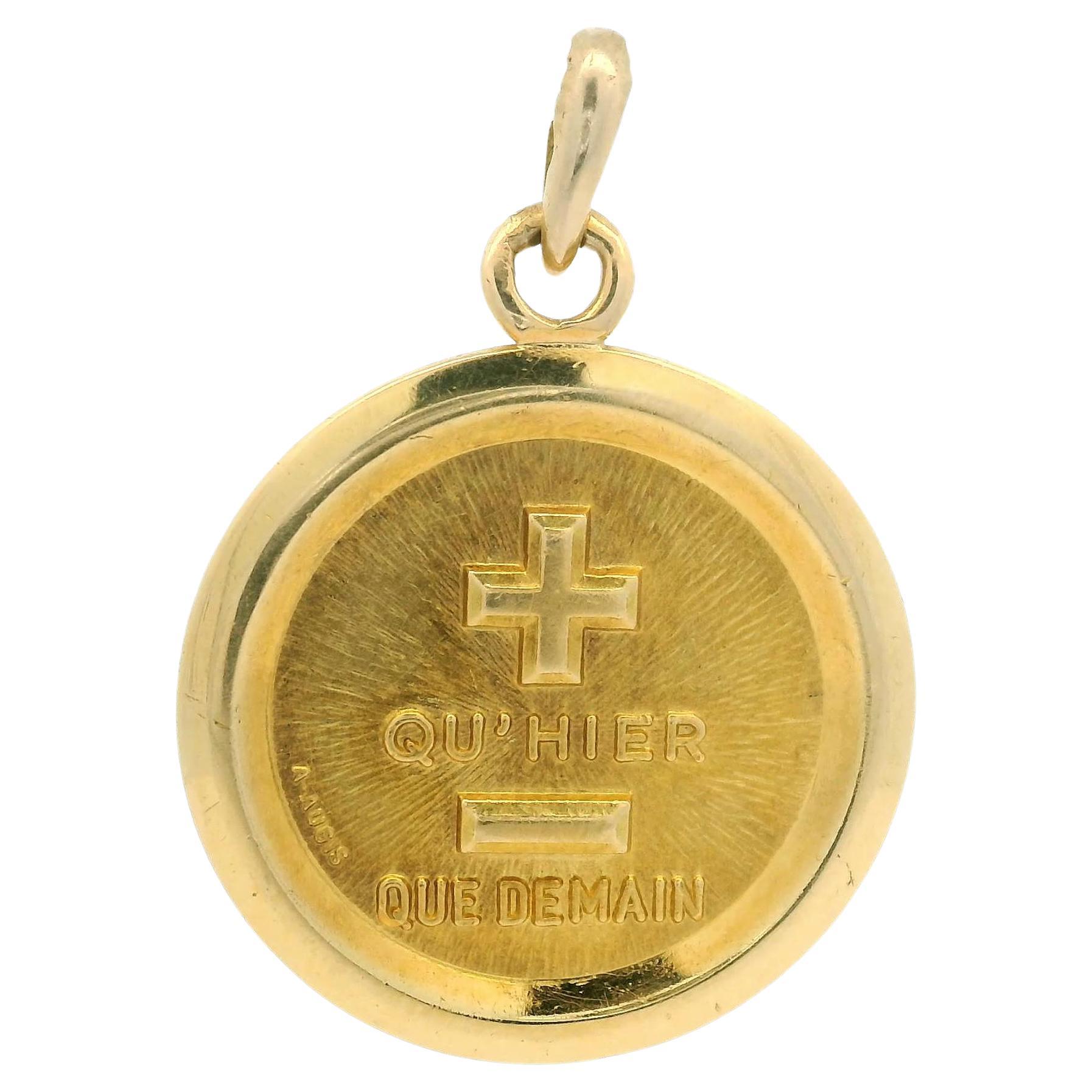 18k Yellow Gold A.AUGIS Texture Finish Qu'Hier Que Demain Love Medallion Pendant For Sale
