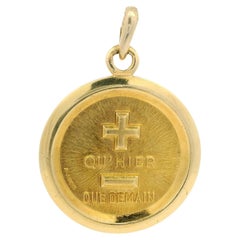 18k Yellow Gold A.AUGIS Texture Finish Qu'Hier Que Demain Love Medallion Pendant