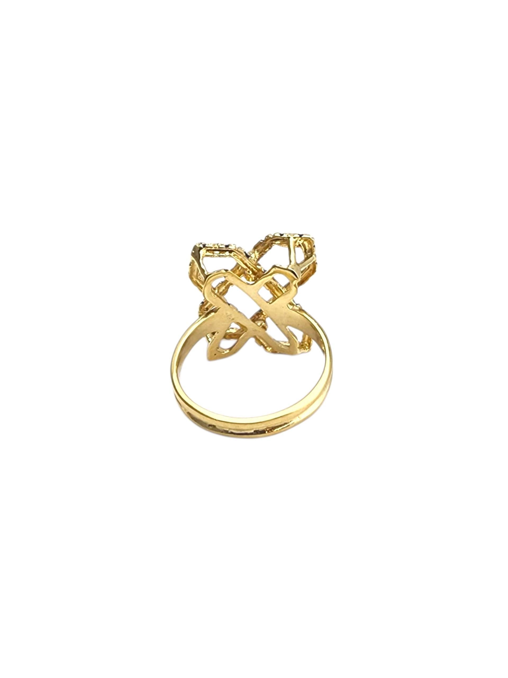 Women's 18K Yellow Gold Abstract Blue Enamel X Ring #22286 For Sale