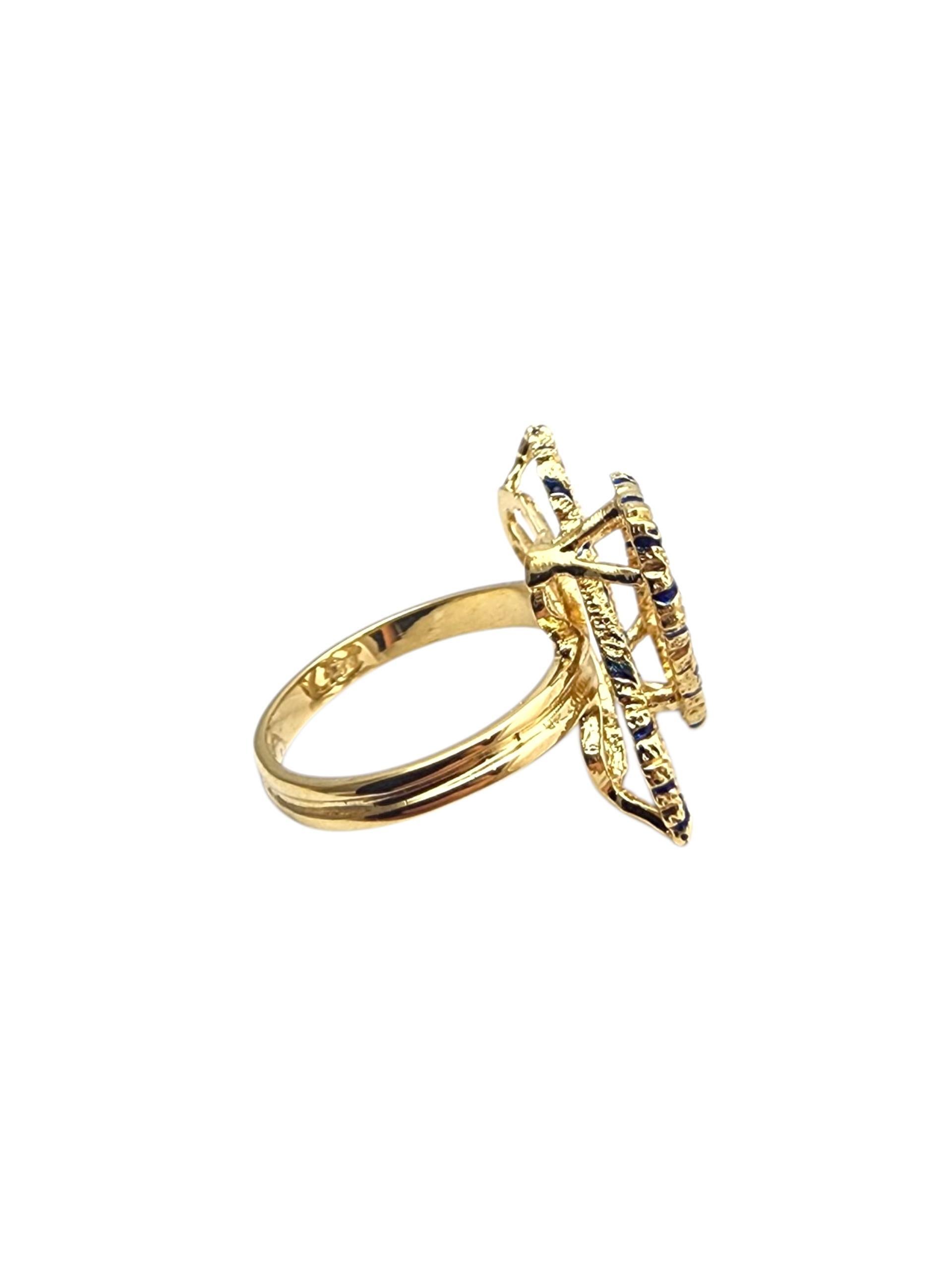 18K Yellow Gold Abstract Blue Enamel X Ring #22286 For Sale 1