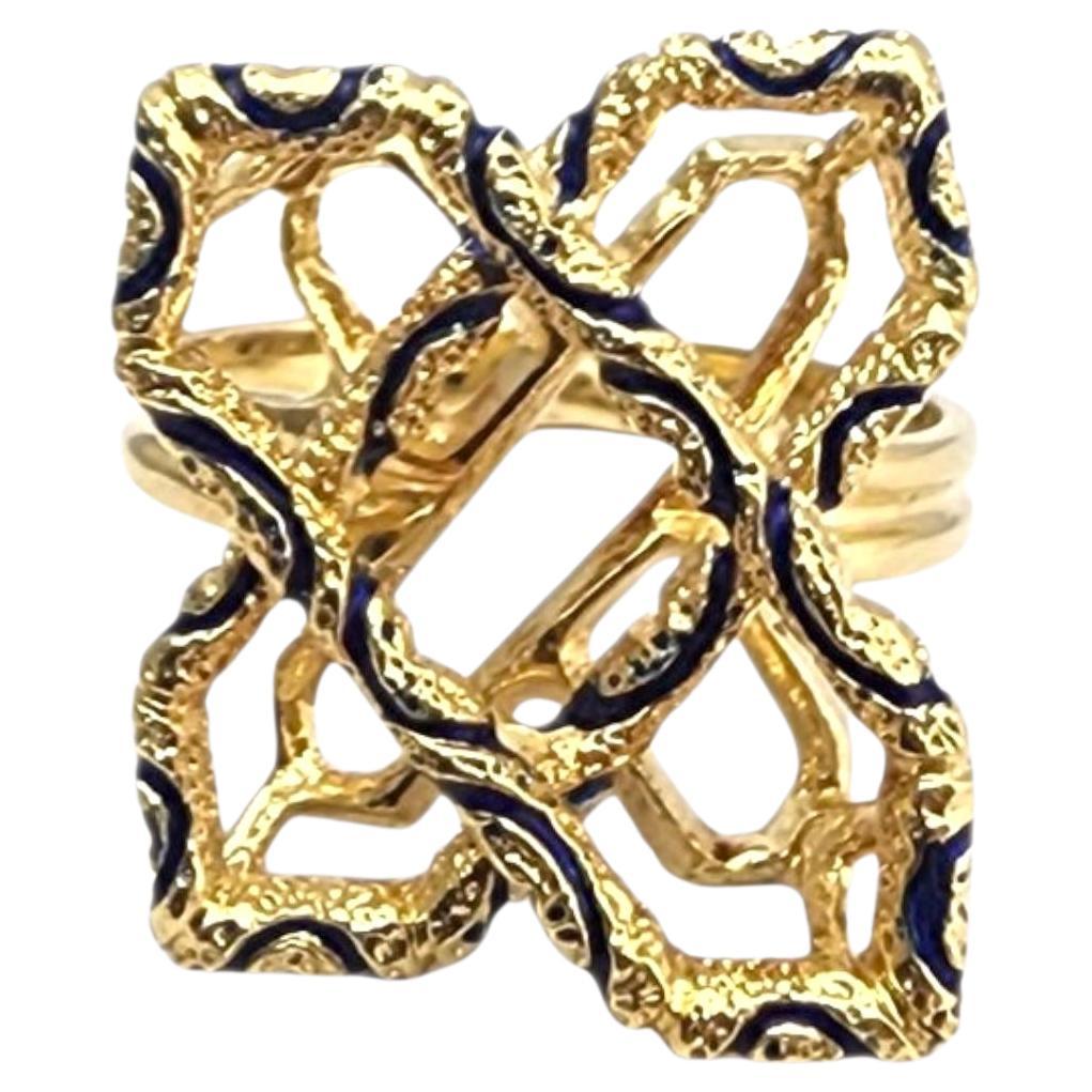 18K Yellow Gold Abstract Blue Enamel X Ring #22286 For Sale