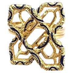 18K Yellow Gold Abstract Blue Enamel X Ring #22286