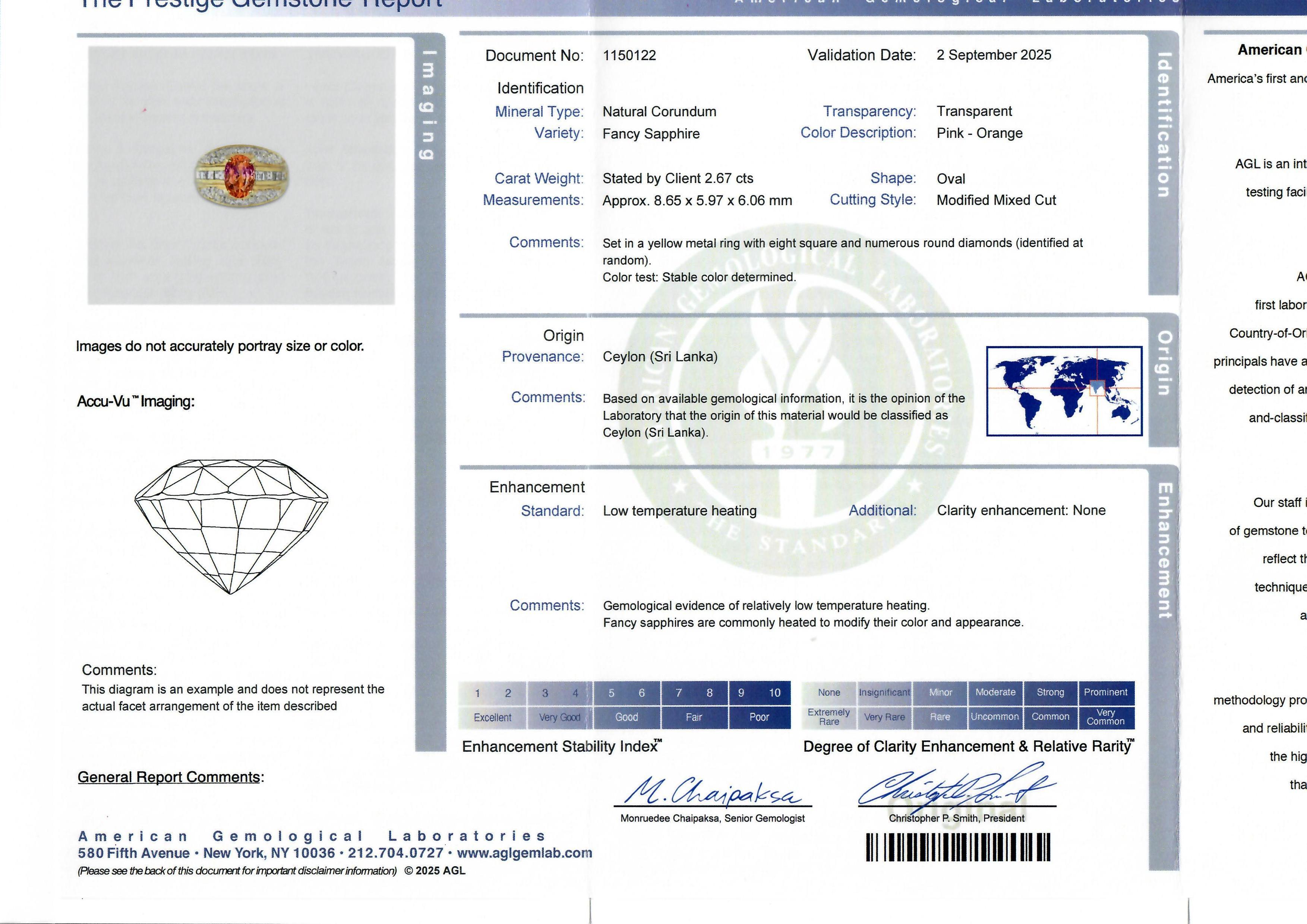 Anello in oro giallo 18 carati AGL con zaffiro di Ceylon rosa arancio da 3,56 ct. in vendita 5