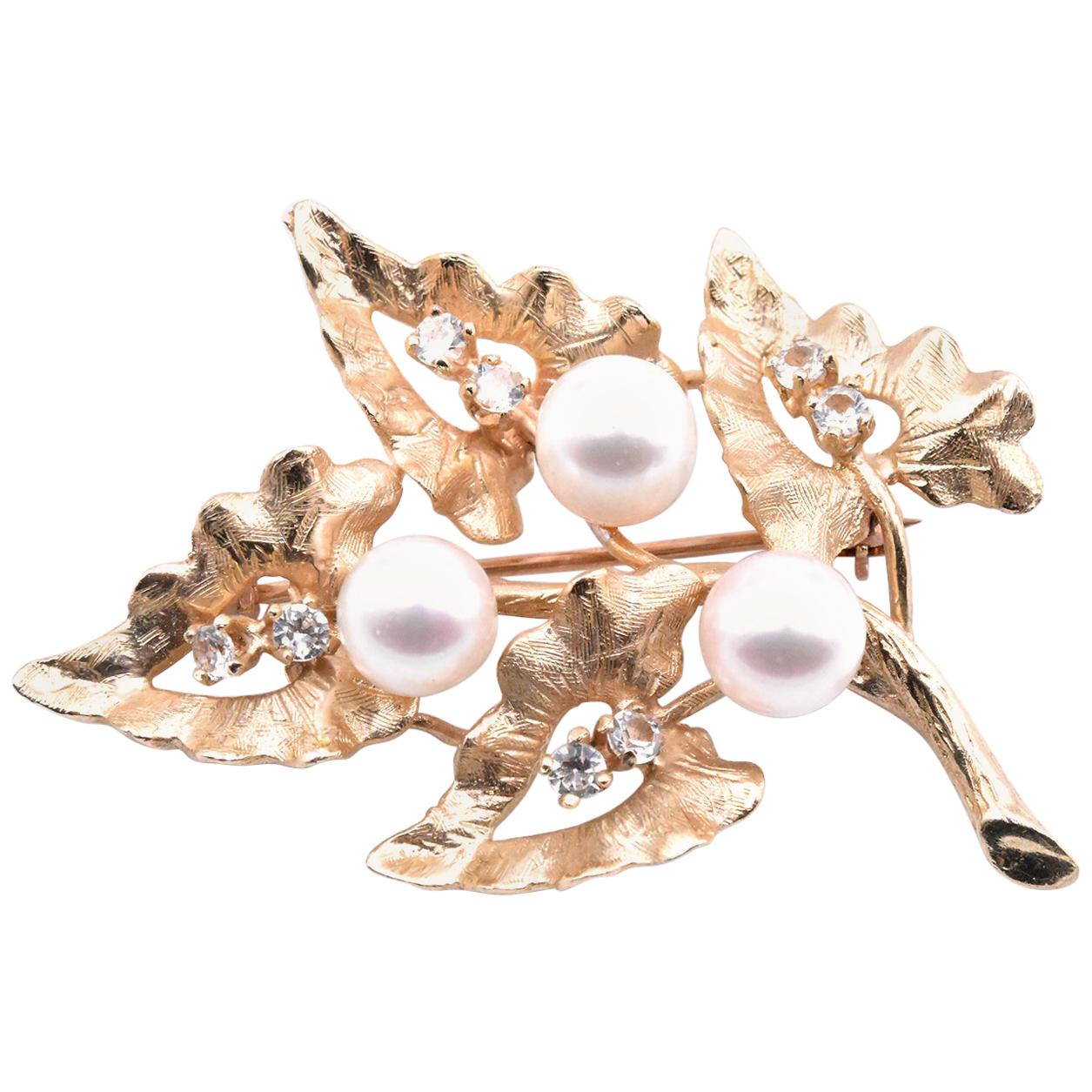 18 Karat Yellow Gold Akoya Cultured Pearl and White Sapphire Leaf Pin