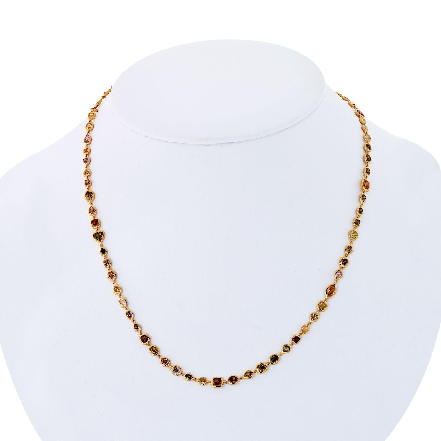 Handmade diamond by the yard necklace crafted in house by our jewelers. Made in 18K yellow gold set with all natural fancy color and white diamonds of different diamond cuts. Total Carat Weight 10.50cts. 
Length: 17 inches. 
Solid strong frames,