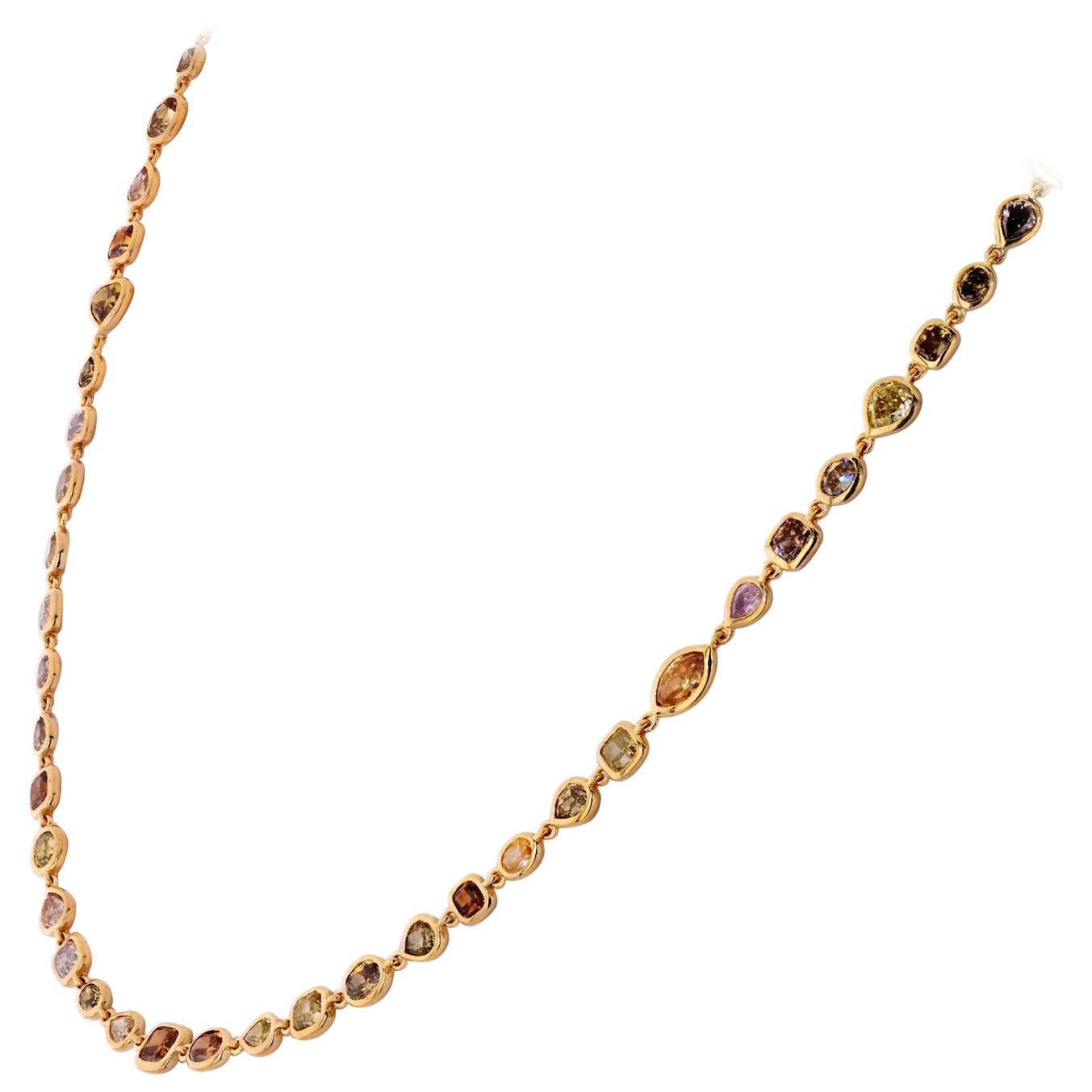 18 Karat Gold All Natural Multi-Color and White Diamonds by the Yard Necklace For Sale