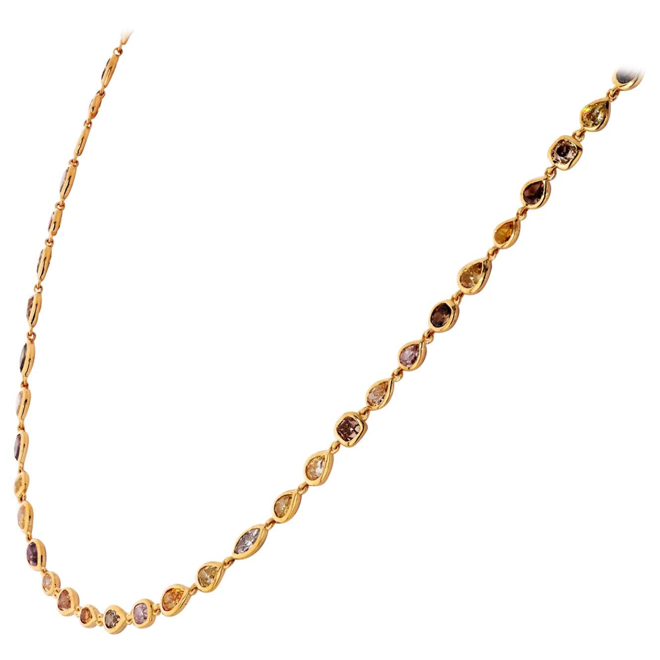 18k Yellow Gold All Natural Multicolor Fancy and White Diamonds by The Yard Neck For Sale