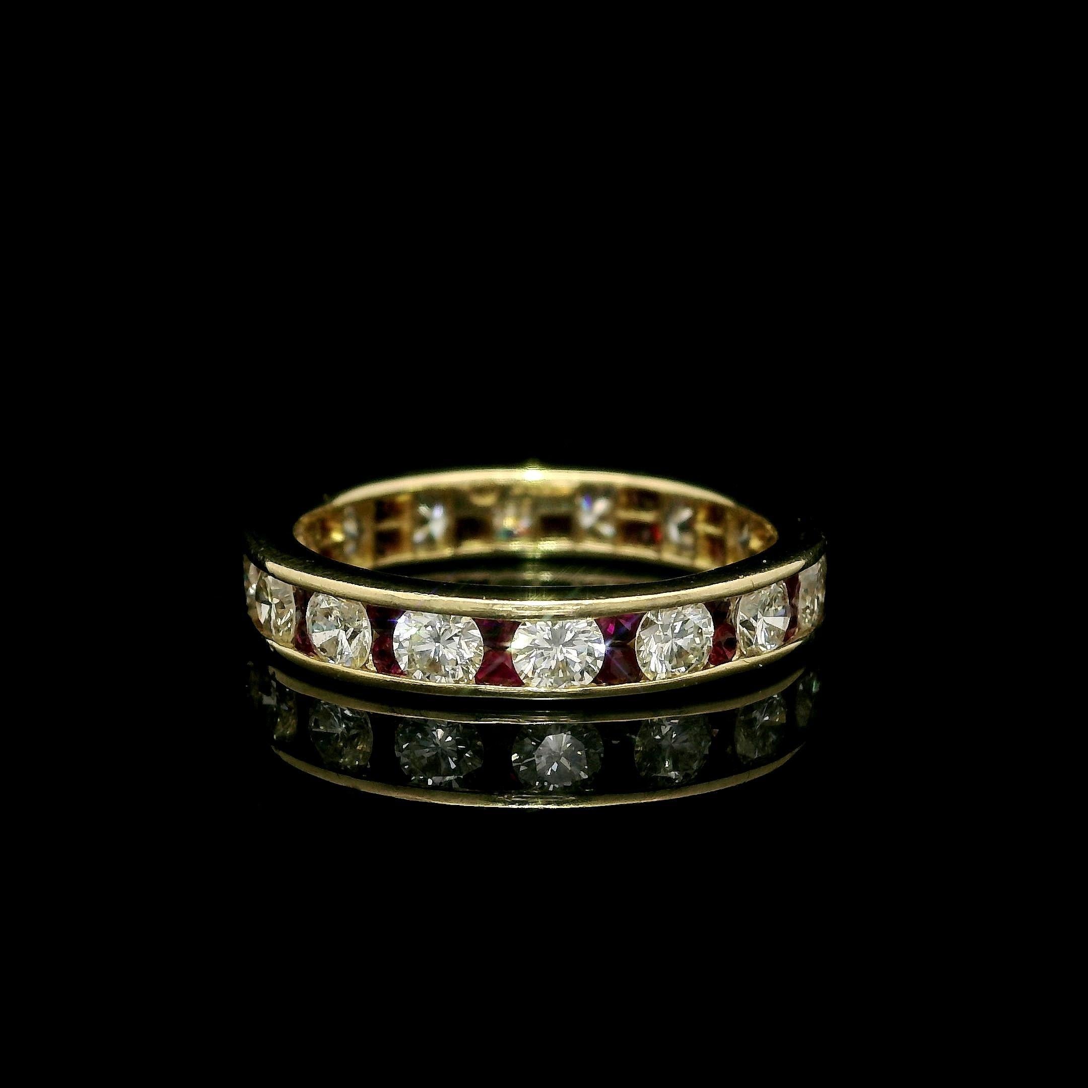 Women's 18k Yellow Gold Alternated Channel Set Ruby & Diamond Eternity Band Ring For Sale