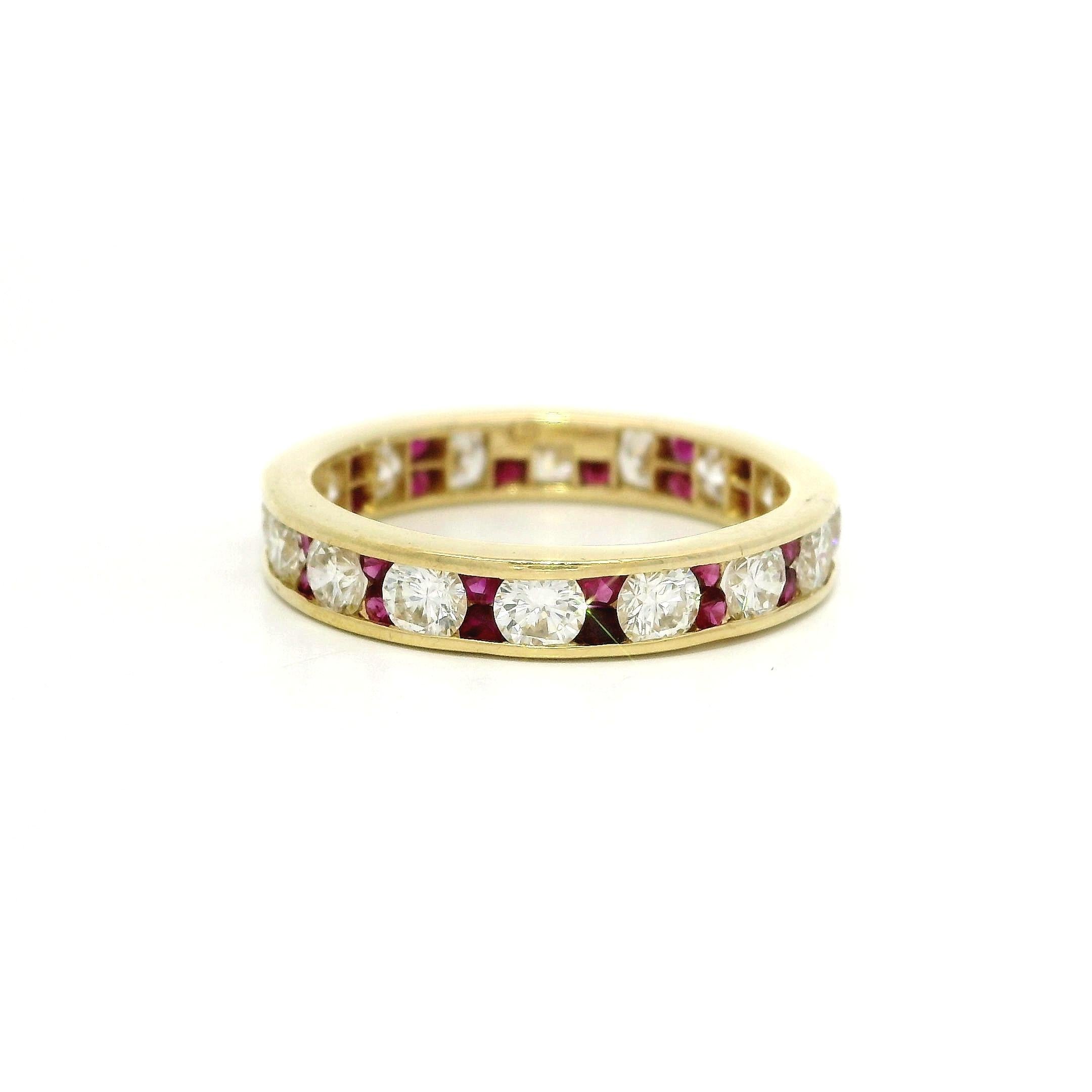 18k Yellow Gold Alternated Channel Set Ruby & Diamond Eternity Band Ring For Sale 1