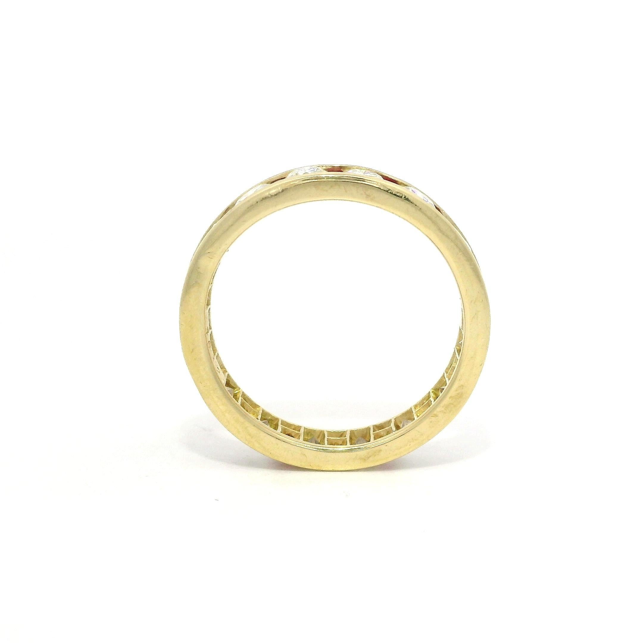 18k Yellow Gold Alternated Channel Set Ruby & Diamond Eternity Band Ring For Sale 2