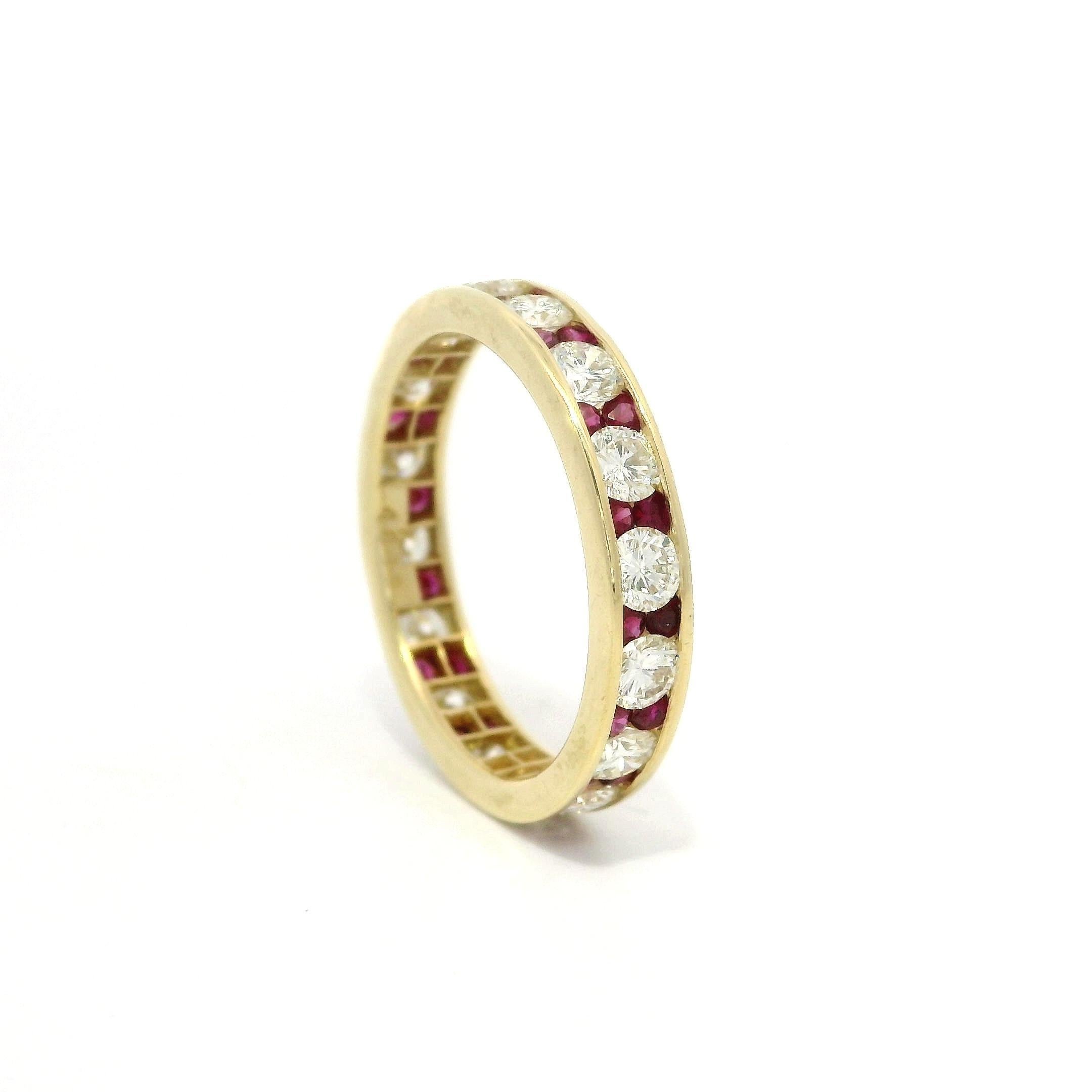 18k Yellow Gold Alternated Channel Set Ruby & Diamond Eternity Band Ring For Sale 3