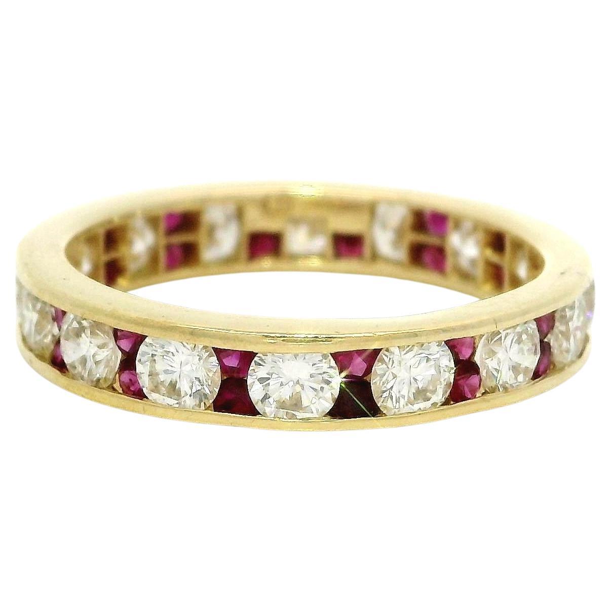18k Yellow Gold Alternated Channel Set Ruby & Diamond Eternity Band Ring For Sale