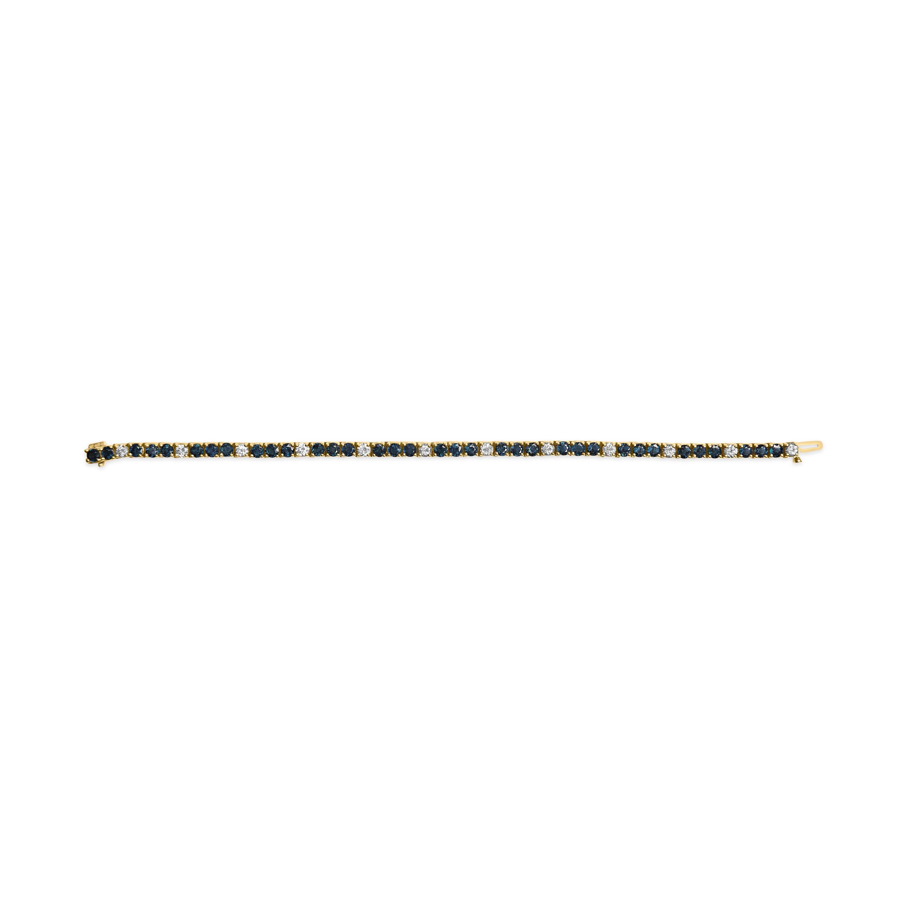 Modern 18K Yellow Gold Alternating 1 1/5 Cttw Diamond and Blue Sapphire Tennis Bracelet For Sale