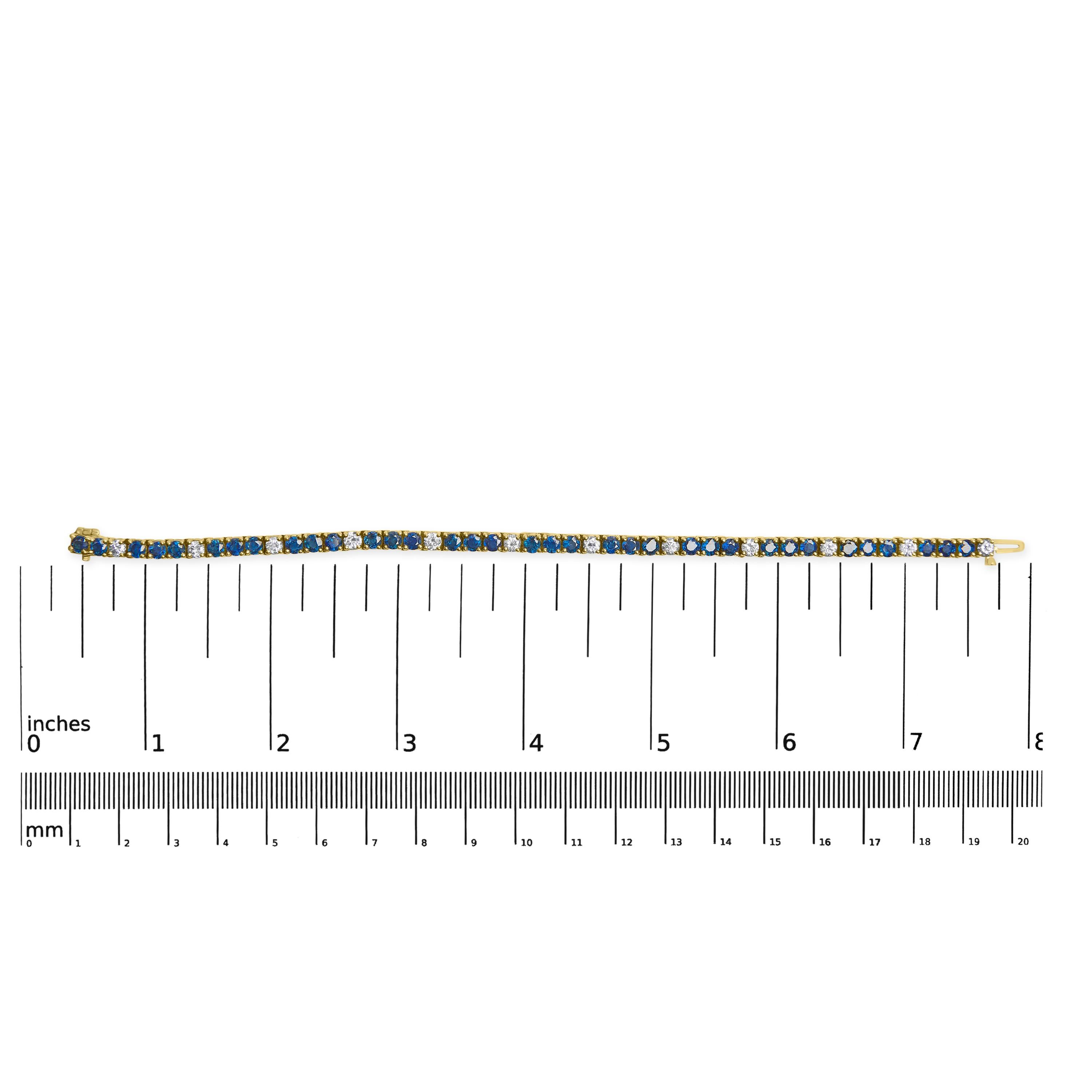 Round Cut 18K Yellow Gold Alternating 1 1/5 Cttw Diamond and Blue Sapphire Tennis Bracelet For Sale