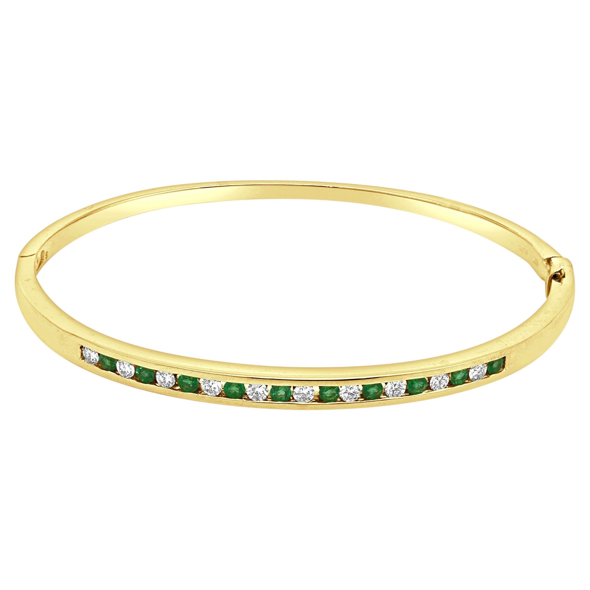 18K Yellow Gold Alternating Channel Set Emerald and Diamond Hinged Bracelet