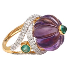 18k Yellow Gold Amethyst And Emerald Ring With Diamonds