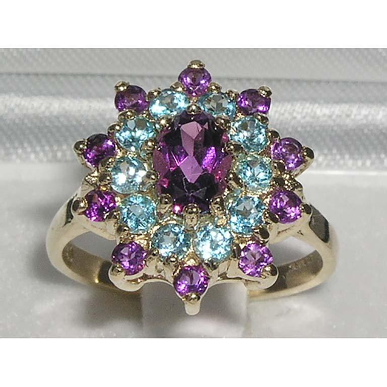 For Sale:  18K Yellow Gold Amethyst & Blue Topaz 3 Tier Cluster Flower Ring 2