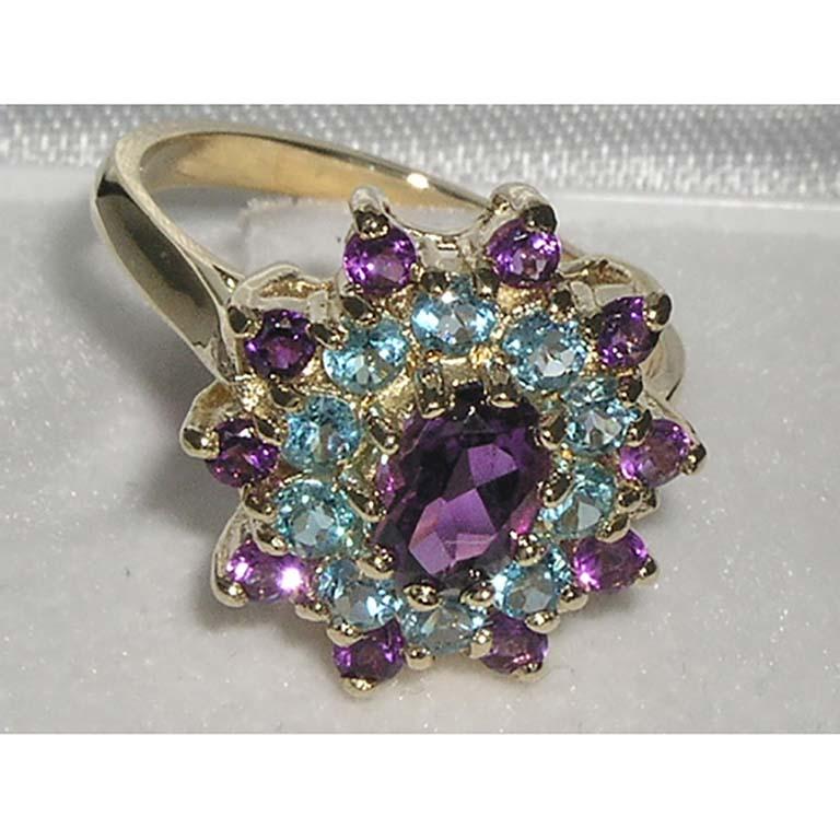 For Sale:  18K Yellow Gold Amethyst & Blue Topaz 3 Tier Cluster Flower Ring 4